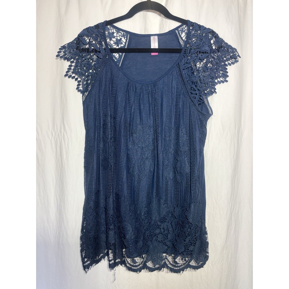 No Boundaries Womens Top Size XL Blue Lace Short Sleeves Stretch Lined M23